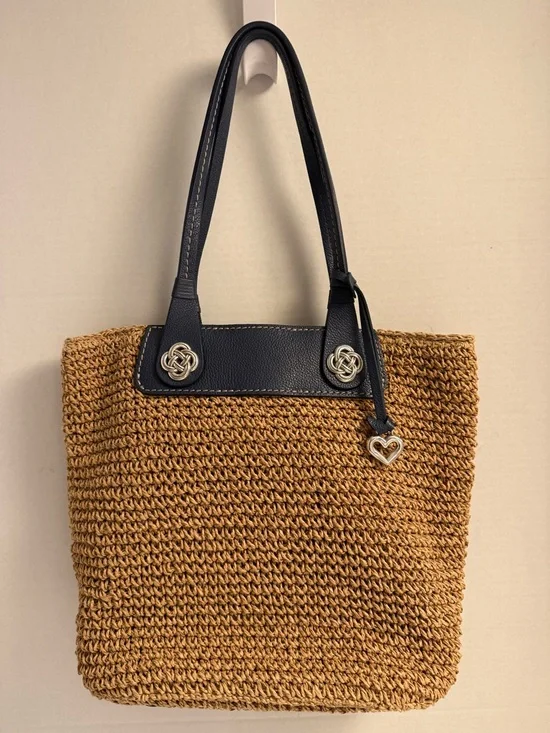 Brighton Lena Straw Tote Blue Leather Trim | Interlok Knot Charm Coastal Chic - Picture 2 of 10